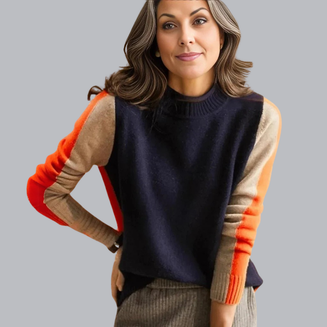 Henrike™ | Marineblauer & orangefarbener Pullover mit Retro-Streifen